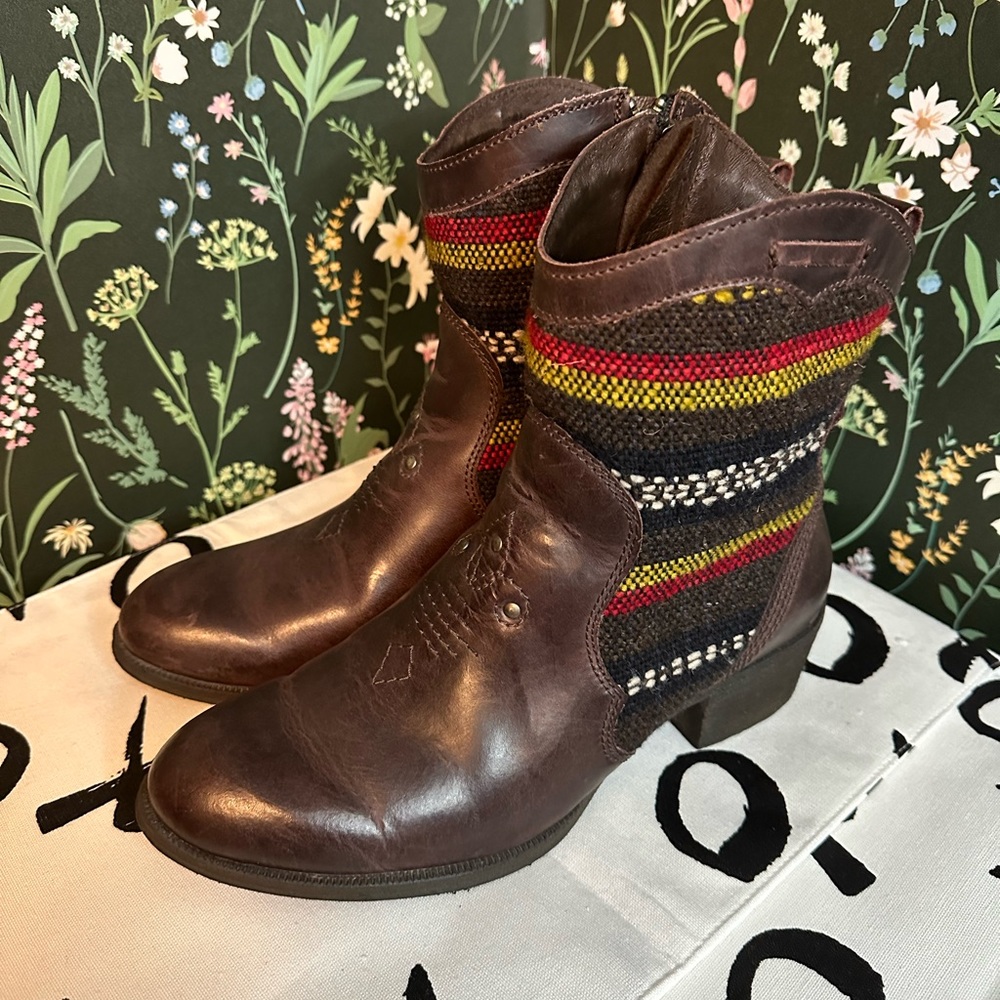 Born Brown Leather Ankle Boots with Red, Yellow & Black Woven Panels